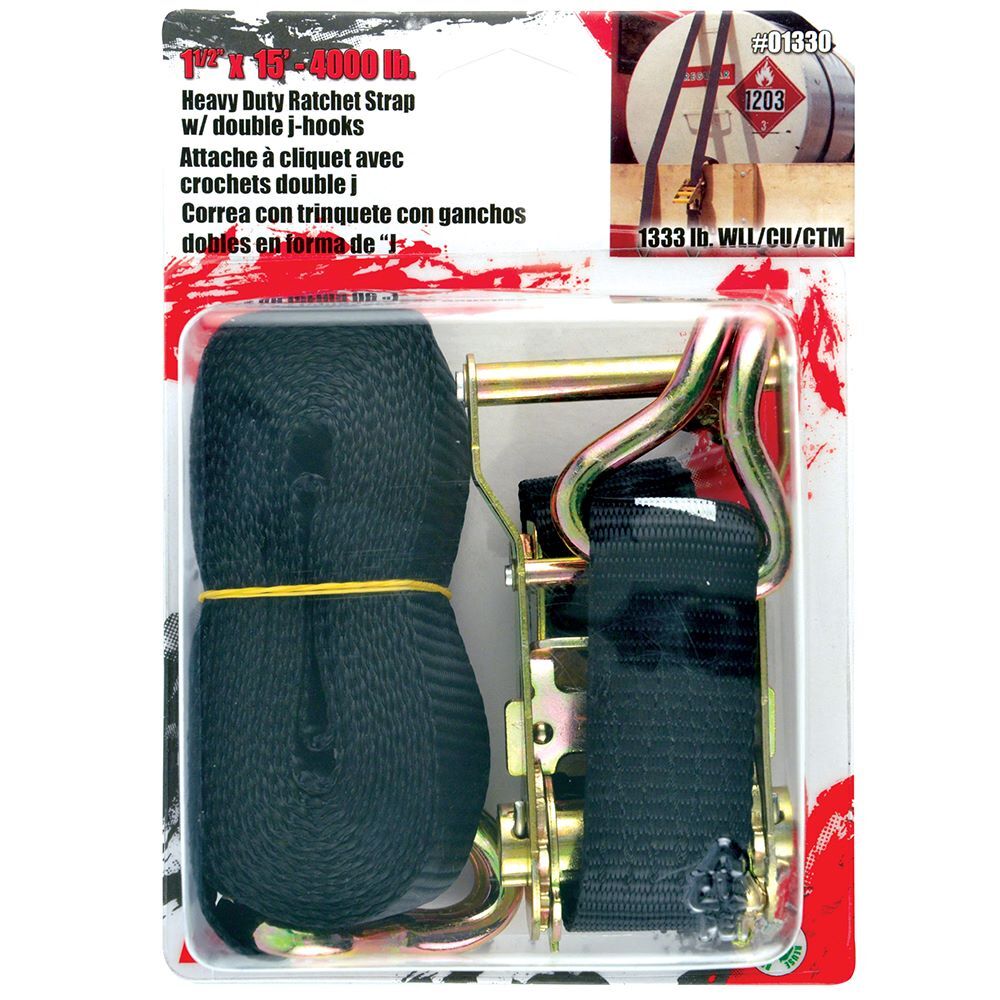 Erickson Ratchet Strap with Double J-Hooks, 1.5-In x 15-Ft, 4000-Lb