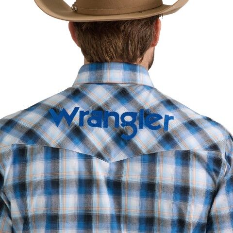 Wrangler Men's Long Sleeve Logo Button Shirt in Blue