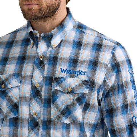 Wrangler Men's Long Sleeve Logo Button Shirt in Blue