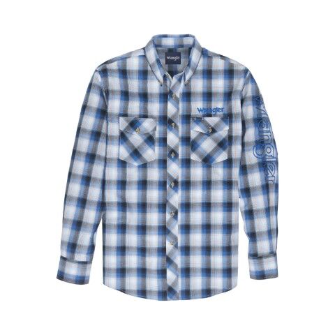 Wrangler Men's Long Sleeve Logo Button Shirt in Blue