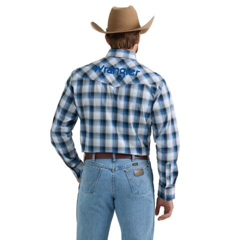 Wrangler Men's Long Sleeve Logo Button Shirt in Blue