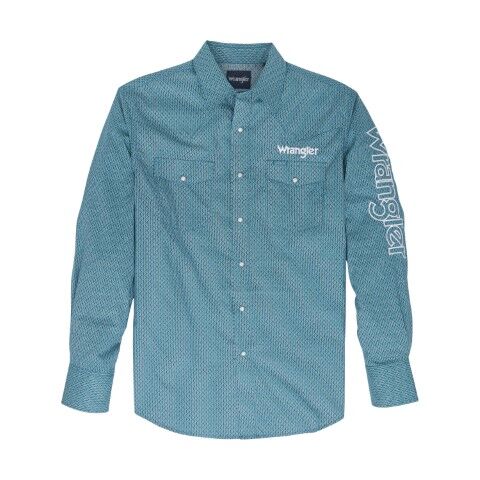 Wrangler Men's Long Sleeve Logo Snap Shirt in Turquoise