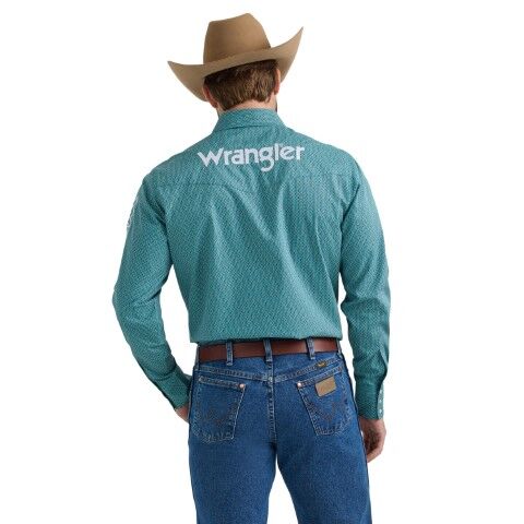 Wrangler Men's Long Sleeve Logo Snap Shirt in Turquoise