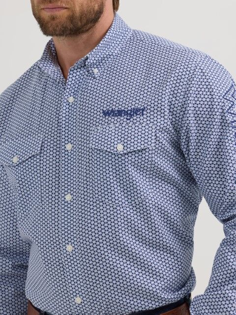 Wrangler Men's Logo Long Sleeve Button Shirt in Blue