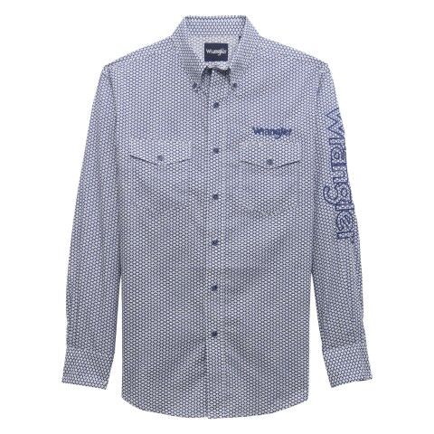 Wrangler Men's Logo Long Sleeve Button Shirt in Blue