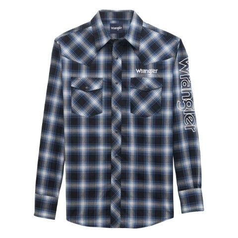 Wrangler Men's Logo Long Sleeve Snap Shirt in Black