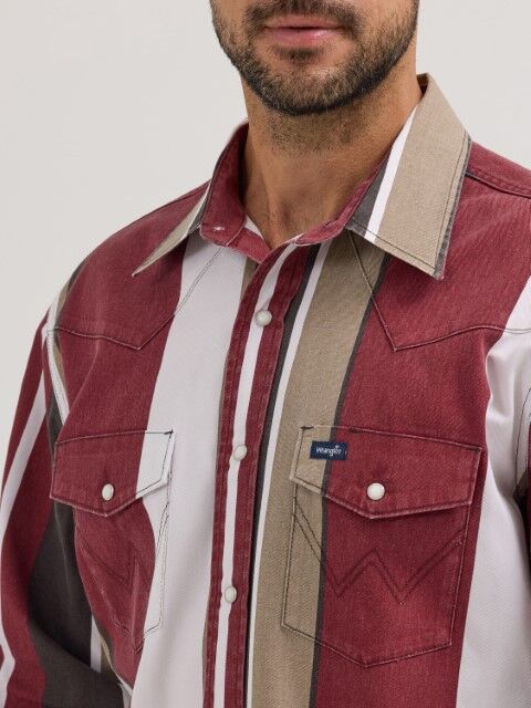 Wrangler Men's Vintage Inspired Long Sleeve Denim Shirt in Red Stripe