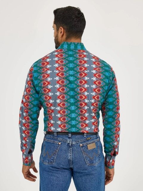 Wrangler Men's Checotah Long Sleeve Western Snap Printed Shirt in Ocean Fire