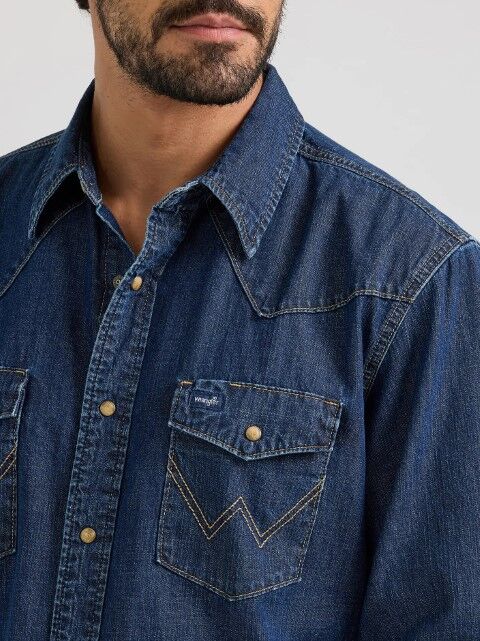 Wrangler Men's Wrangler Classic Denim Western Snap Shirt in Dark Wash Denim