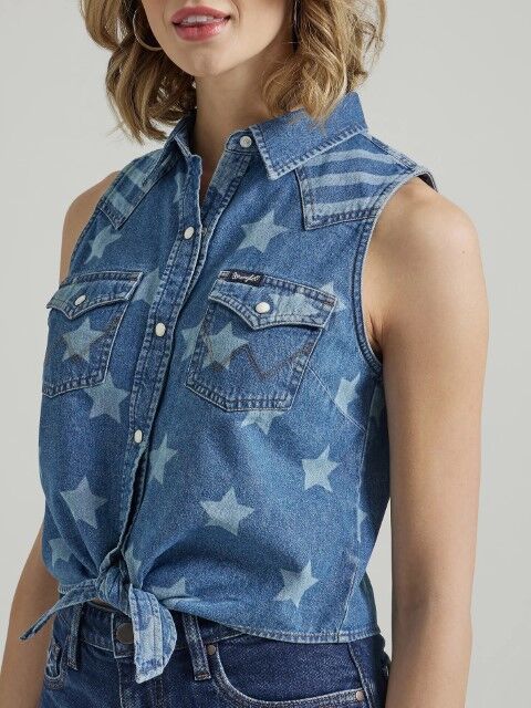 Wrangler Women's Starry Denim Tie Front Tank