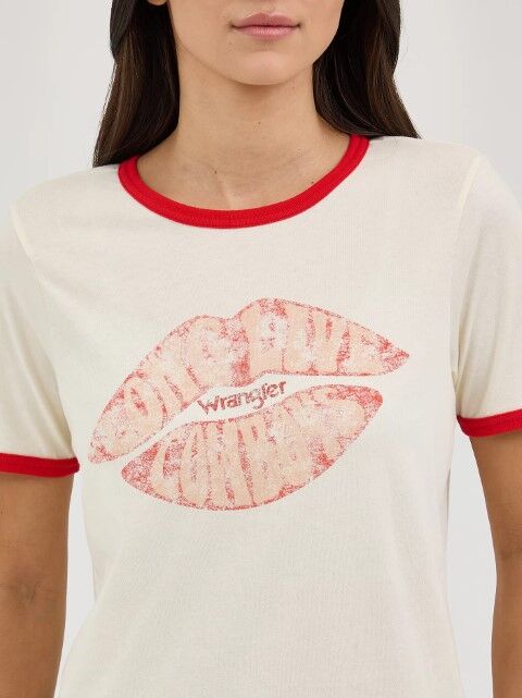 Wrangler Women's Wrangler Graphic Ringer T-Shirt in Lips Antique White