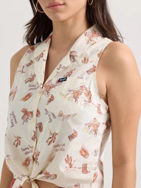 Wrangler Women's Bold Printed Sleeveless Tie Front Shirt in Graphic White