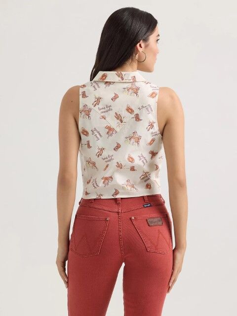 Wrangler Women's Bold Printed Sleeveless Tie Front Shirt in Graphic White
