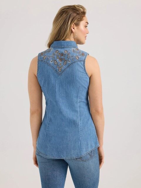 Wrangler Women's Wrangler Embellished Denim Sleeveless Snap Shirt in Mid Wash