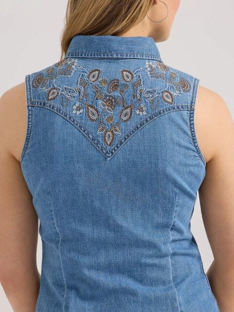 Wrangler Women's Wrangler Embellished Denim Sleeveless Snap Shirt in Mid Wash