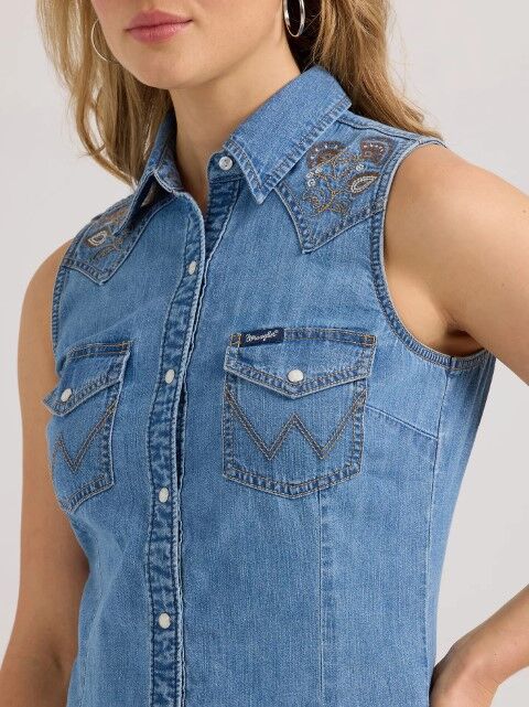 Wrangler Women's Wrangler Embellished Denim Sleeveless Snap Shirt in Mid Wash