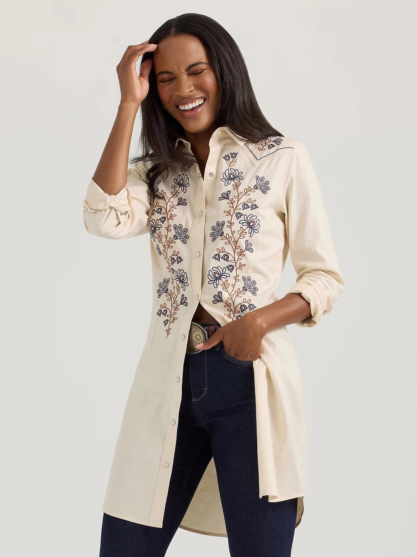 Wrangler Women's Embroidered Wildflower Western Snap Shirt Dress