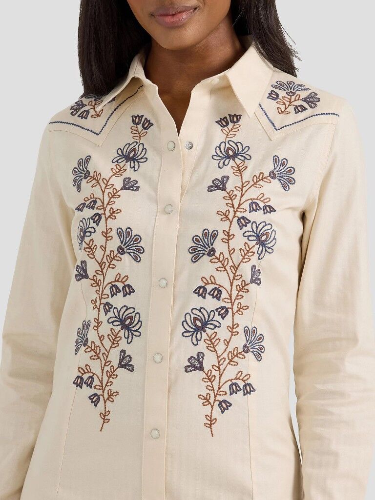 Wrangler Women's Embroidered Wildflower Western Snap Shirt Dress