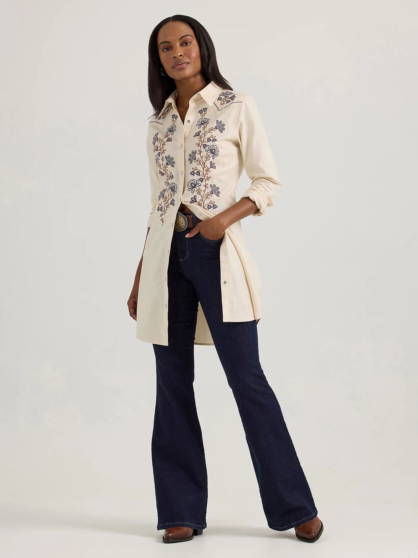 Wrangler Women's Embroidered Wildflower Western Snap Shirt Dress