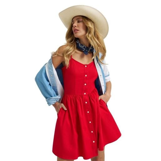 wrangler retro dresses Women's Dark Wash Long Sleeve Denim Mini Dress while front and back single Wrangler Women's Red Sleeveless Snap
