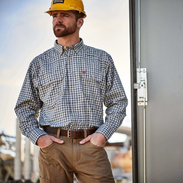 Ariat Men's FR Plaid Featherlight Work Shirt in Clear Sky Plaid