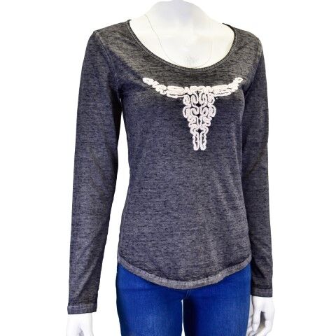 Cowgirl Hardware Women's Fabric Skull Scoop Neck Long Sleeve T-Shirt in Black