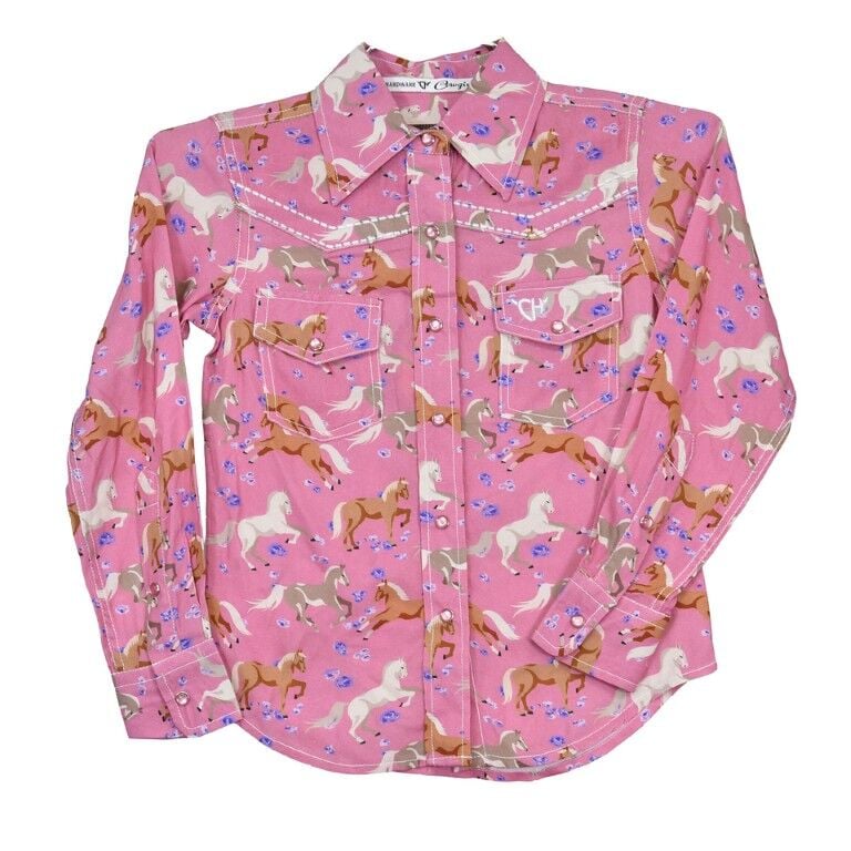 Cowboy Hardware Toddler Girl's Horse Flowers Print Long Sleeve Shirt