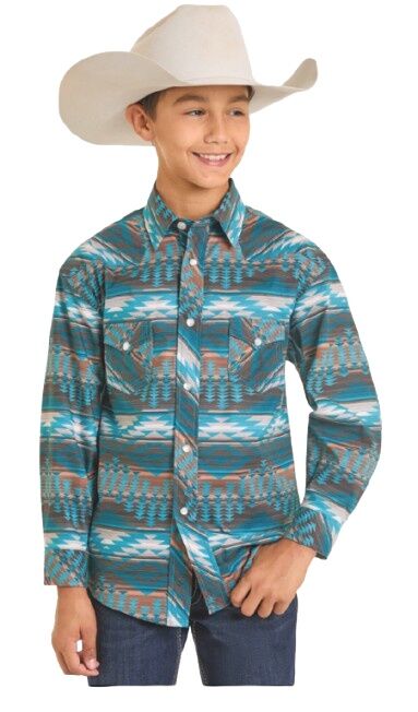Rock & Roll Denim Boy's Aztec Print Long Sleeve Snap Shirt