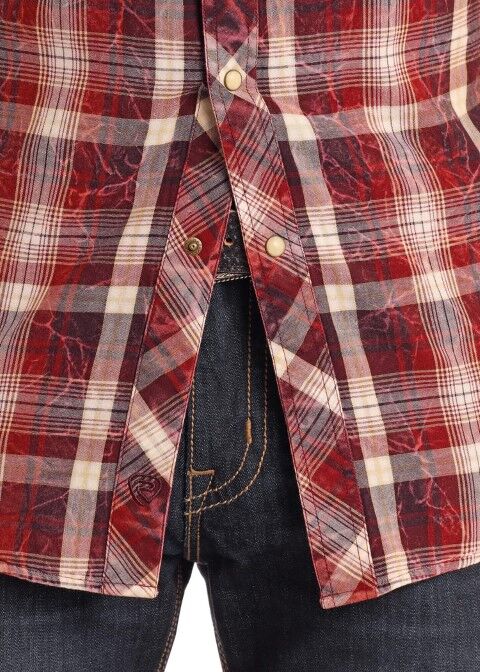 Rock & Roll Denim Men's Slim Fit Crinkle Wash Plaid Long Sleeve Snap Shirt