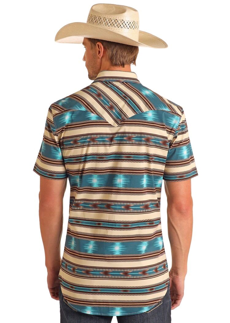 Rock & Roll Denim Men's Slim Fit Striped Aztec Print Short Sleeve Snap Shirt