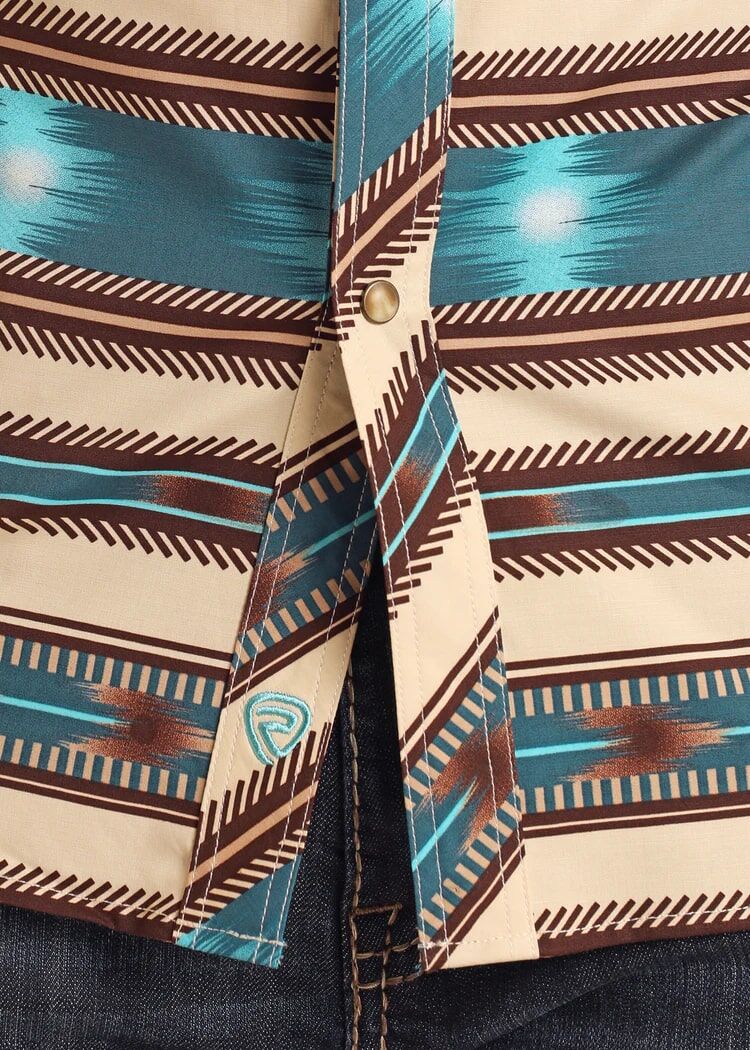 Rock & Roll Denim Men's Slim Fit Striped Aztec Print Short Sleeve Snap Shirt