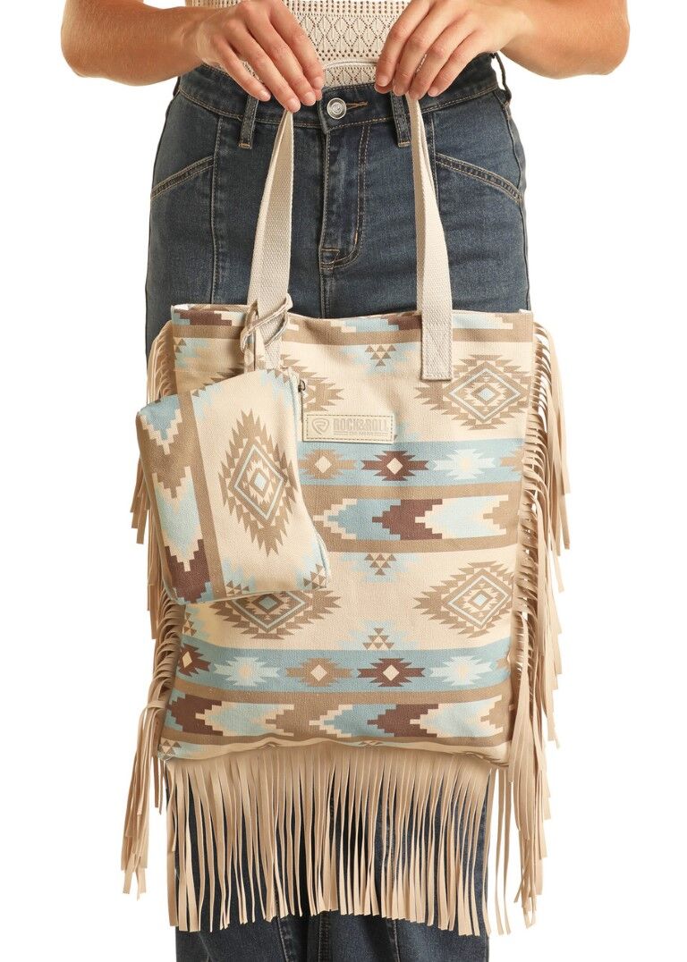 Rock & Roll Denim Aztec Print Tote Bag With Fringe in Tan