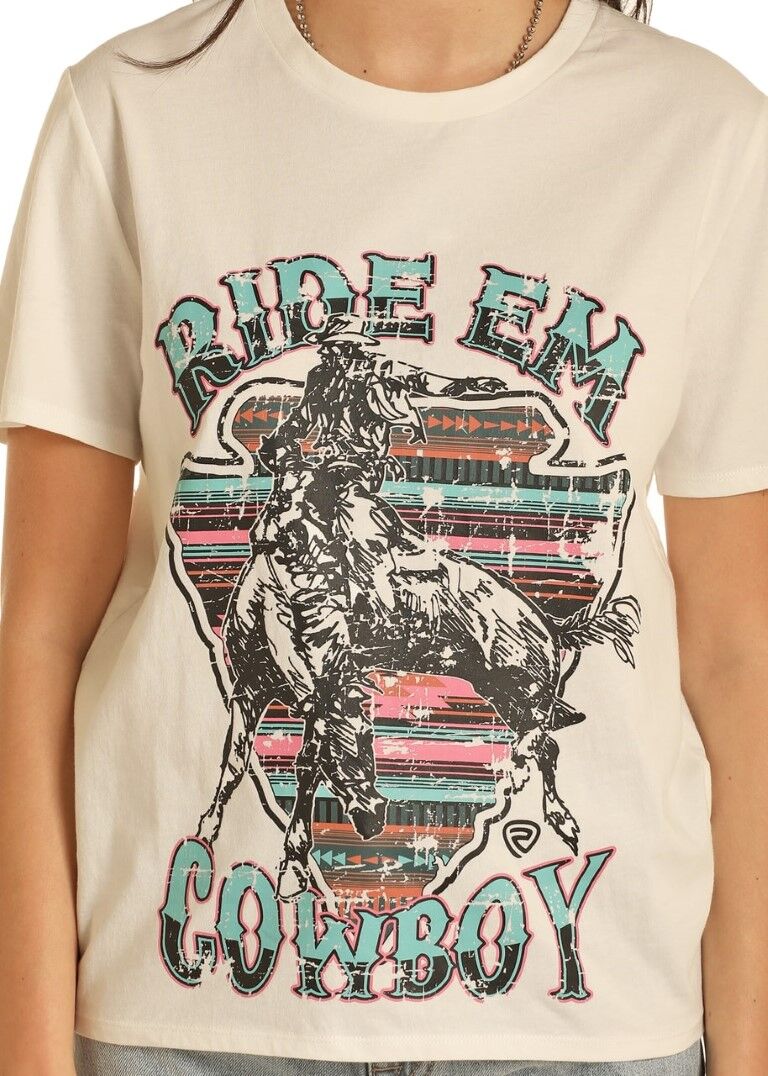 Rock & Roll Cowgirl Women's Ride 'Em Cowboy Graphic Short Sleeve T-Shirt in Natural