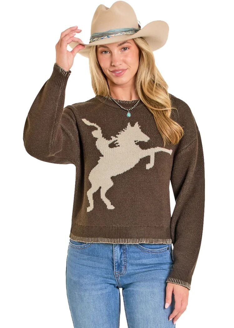 Rock & Roll Denim Women's Blanket Stitch Horse Sweater