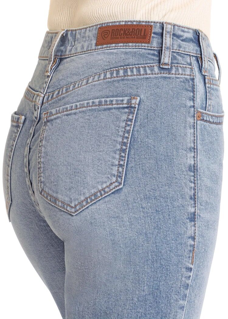 Rock & Roll Denim Women's High Rise Distressed Bootcut Jeans in Medium Wash