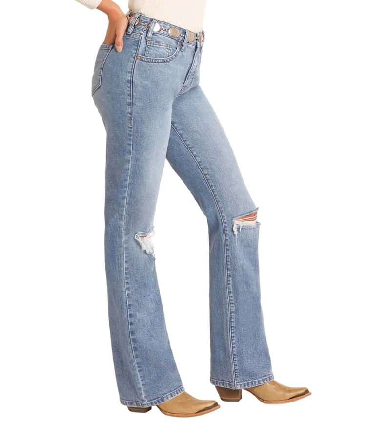 Rock & Roll Denim Women's High Rise Distressed Bootcut Jeans in Medium Wash