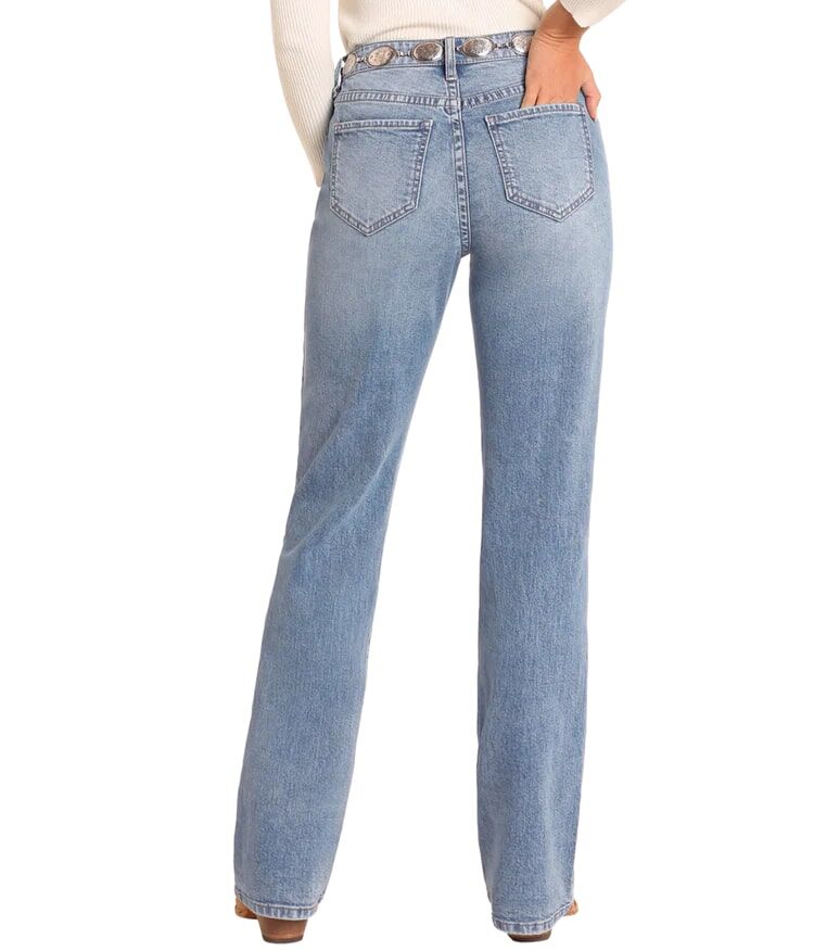 Rock & Roll Denim Women's High Rise Distressed Bootcut Jeans in Medium Wash