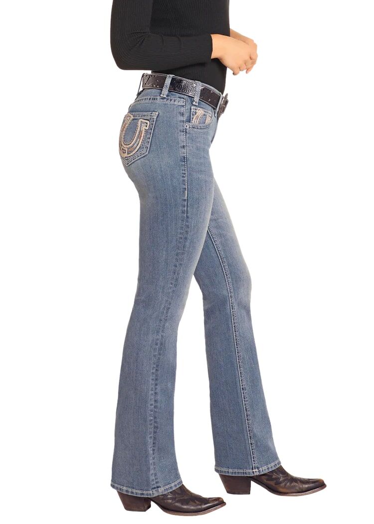 Rock & Roll Denim Women's Mid Rise Horseshoe Embroidered Bootcut Jeans in Medium Wash