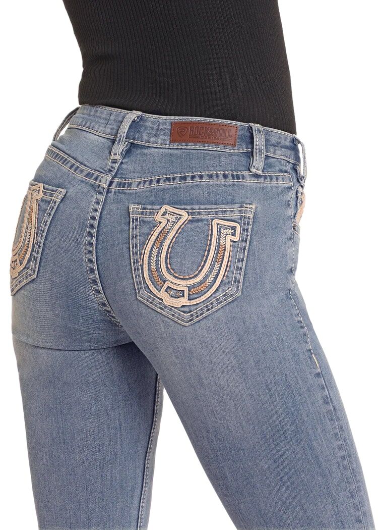 Rock & Roll Denim Women's Mid Rise Horseshoe Embroidered Bootcut Jeans in Medium Wash