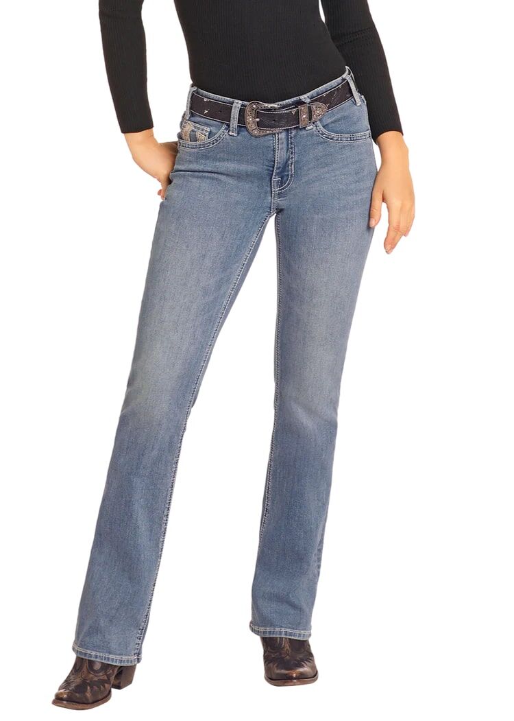 Rock & Roll Denim Women's Mid Rise Horseshoe Embroidered Bootcut Jeans in Medium Wash