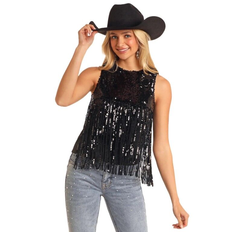 Rock & Roll Denim Women's Sequin Fringe Tank Top