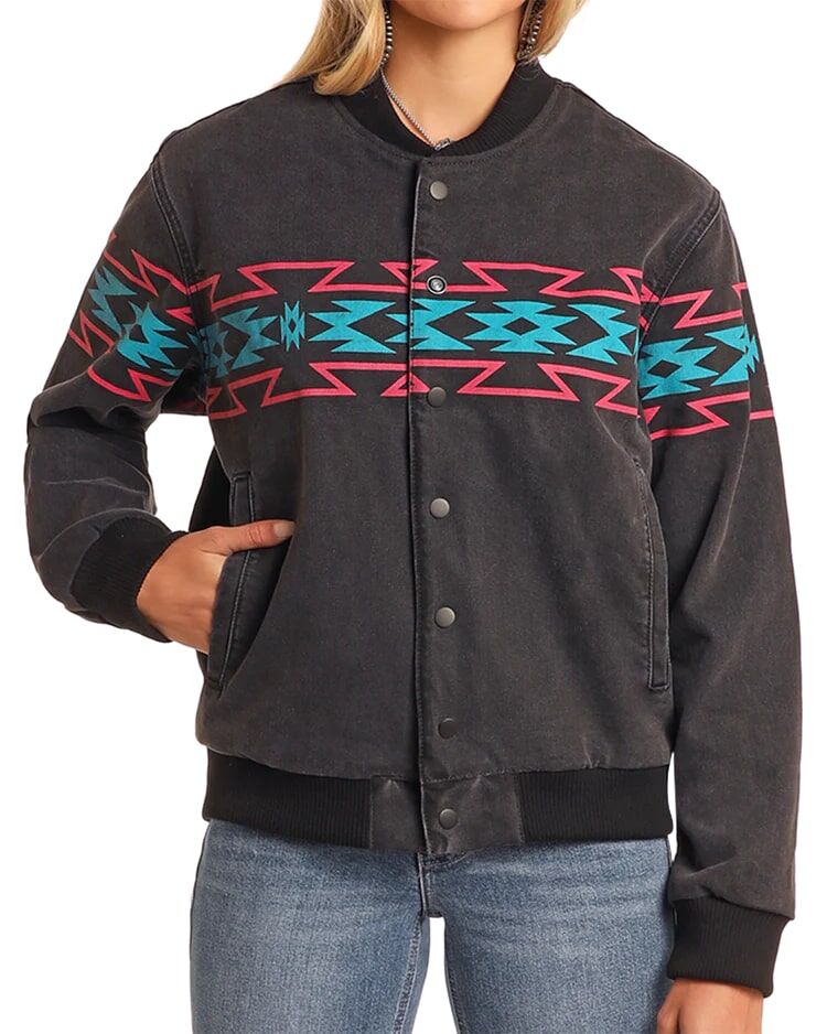 Rock & Roll Denim Women's Aztec Border Print Jacket in Black