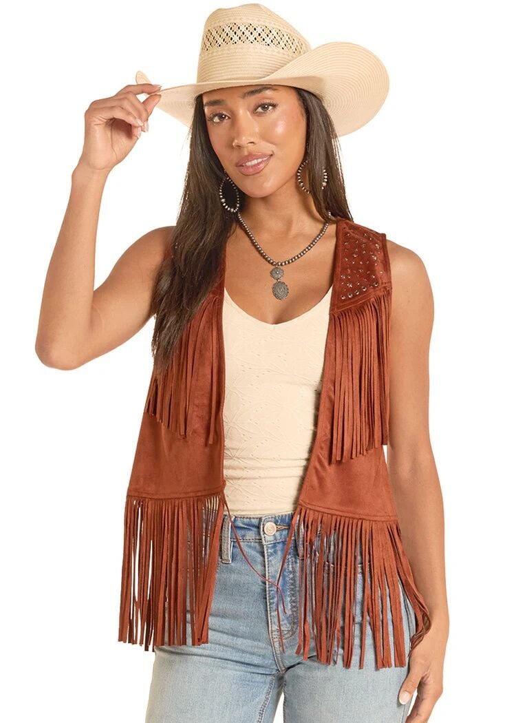 Rock & Roll Denim Women's Studded Microsuede Fringe Vest