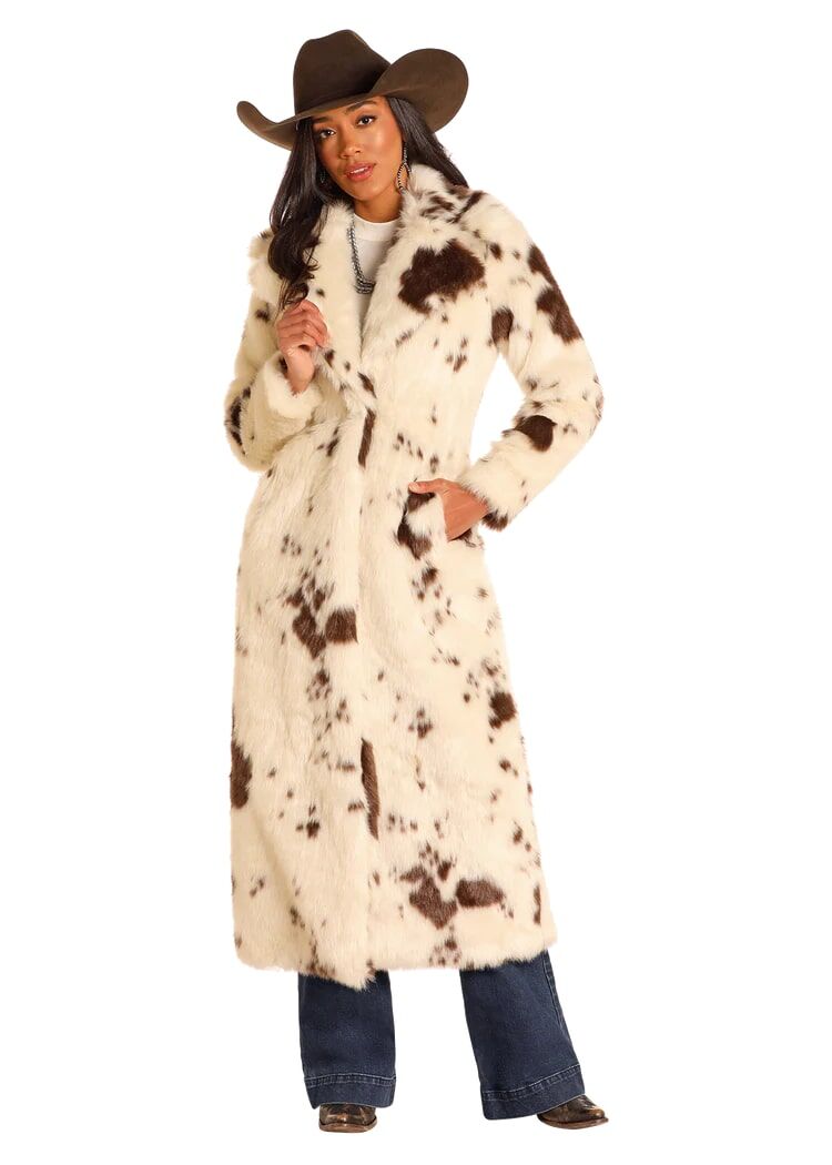 Panhandle Women's Cow Print Long Fur Coat in Cream