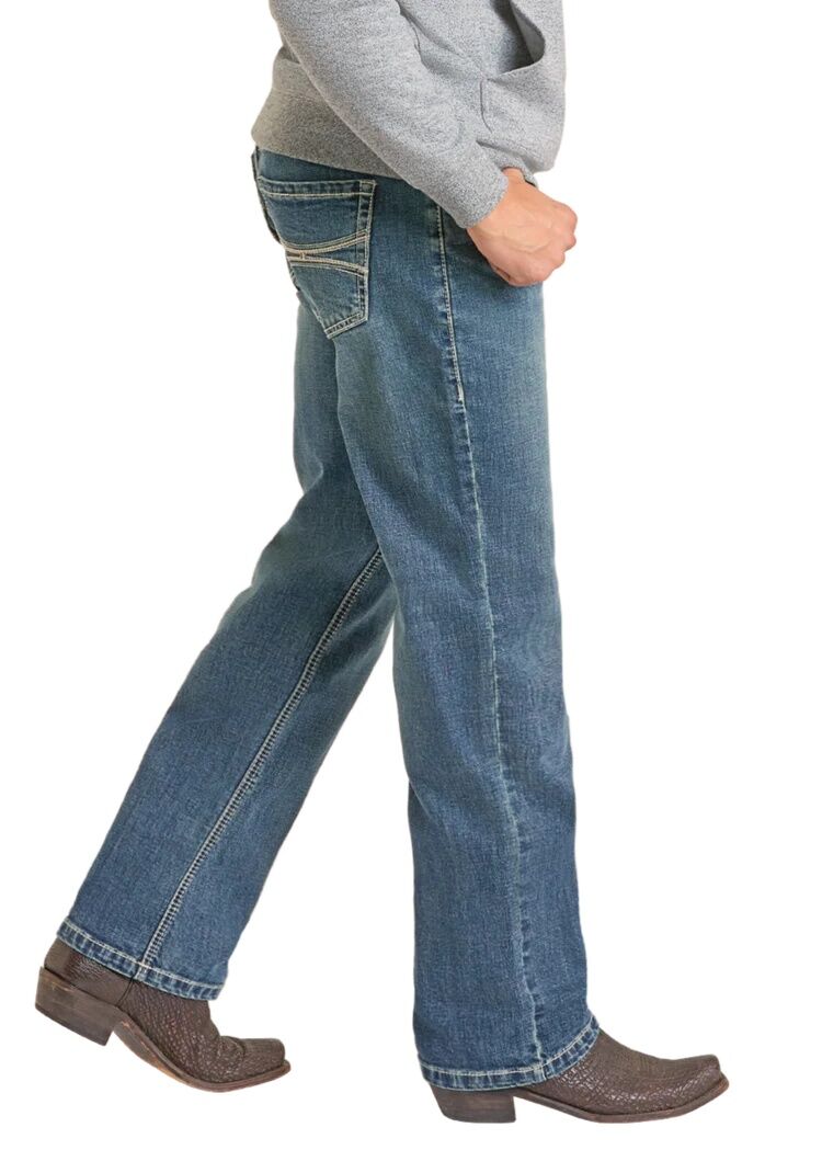 Rock & Roll Denim Men's Hooey Relaxed Fit Raised Embroidery Pocket Stackable Bootcut Jean