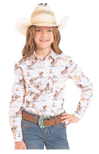 Panhandle Slim Girl's Long Sleeve Cowgirl Print Snap Shirt