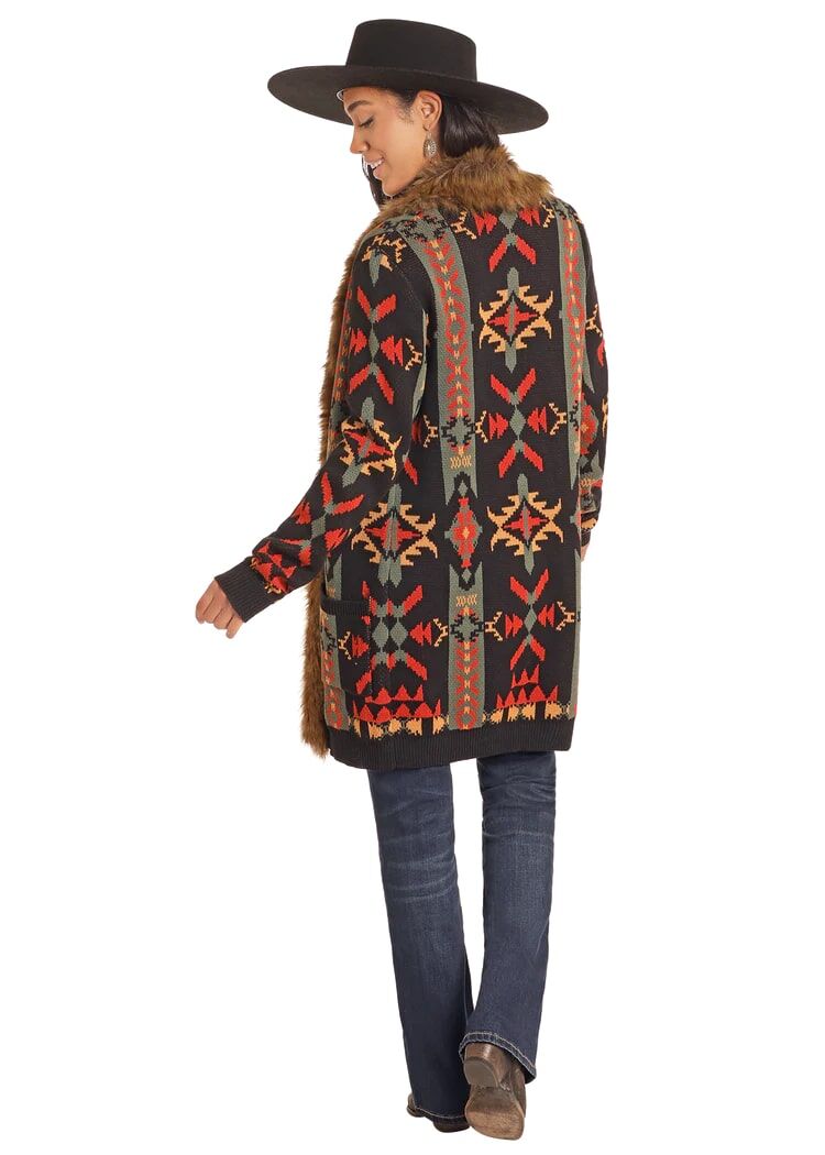Panhandle Women's Southwest Fur Trim Cardigan in Black