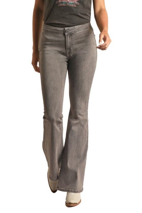 Rock & Roll Cowgirl Women's High Rise Extra Stretch Flare Jeans in Grey