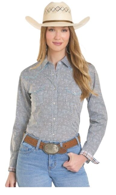 Panhandle Slim Women's Distressed Diamond Print Long Sleeve Snap Shirt
