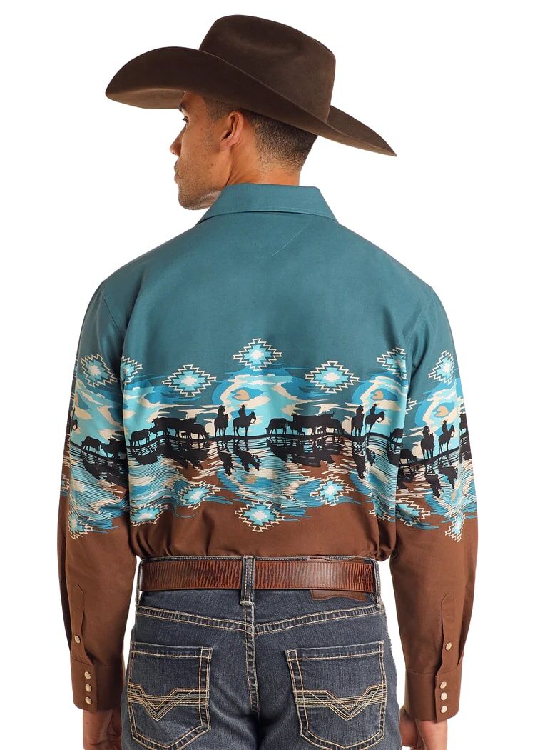 Panhandle Men's Cowboy Border Shirt in Turquoise